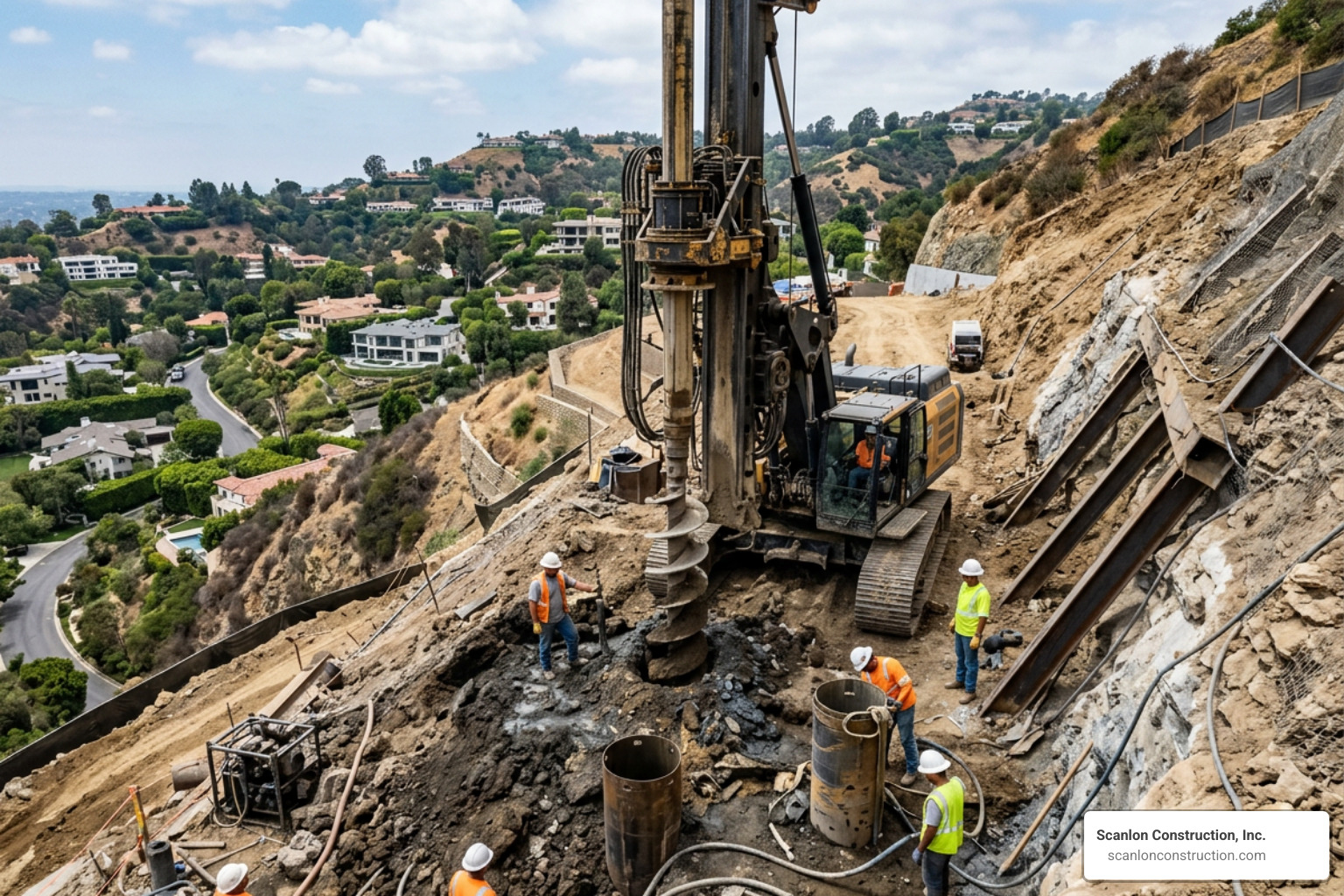 Structural caisson drilling rig securing hillside foundation footings